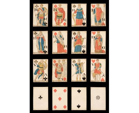 * French playing cards. Imperial pattern, designed by J.L. David, 1810, a complete deck of 52 stencil coloured wood engraved 