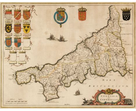 * Cornwall. Blaeu (Johannes), Cornubia sive Conwallia, Amsterdam, circa 1645, engraved map with contemporary outline colourin