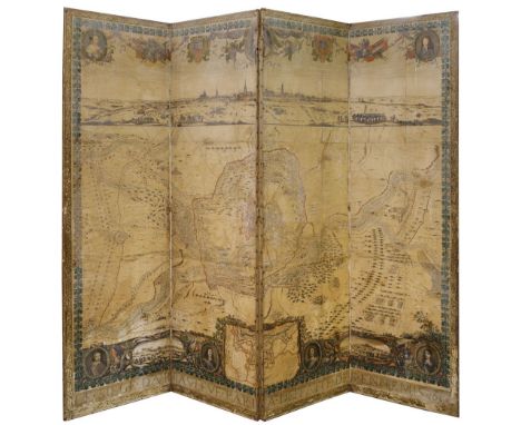 * Screen. A large wooden room divider, late 18th century, a large 4-part hinged wooden room divider, the panels joined with l