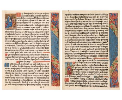 * Illuminated Leaves. Two Illuminated Leaves from Book of Hours, circa 1500, both on vellum with printed gothic black letter 
