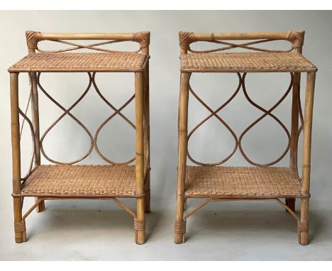 LAMP TABLES, a pair, vintage bamboo wicker and cane bound each with two tiers, 41cm x 65cm H x 31cm. (2) 