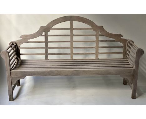 LUTYENS STYLE GARDEN BENCH, weathered teak and slatted after a design by Sir Edwin Lutyens, 180cm W. 