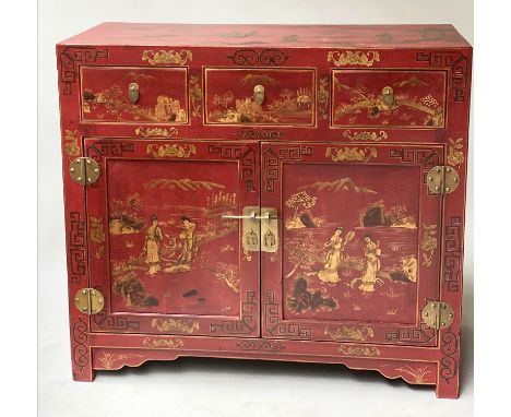 CHINESE SIDE CABINET, vintage red lacquer traditional Chinoiserie gilt decorated with three drawers and pair of panelled door