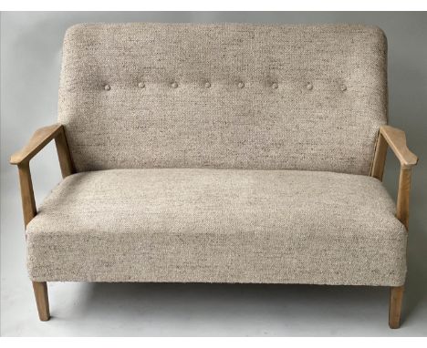 SOFA, 1970's Danish style sycamore with oatmeal upholstered button back and well shaped rear supports, 120cm W. 