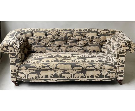SAFARI CHESTERFIELD, Victorian button back and scroll arms with grey safari pattern woven upholstery, 200cm W. 
