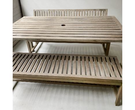 GARDEN SET, weathered teak and slatted construction, a set to include bench, metamorphic/hinged table with folding legs and l