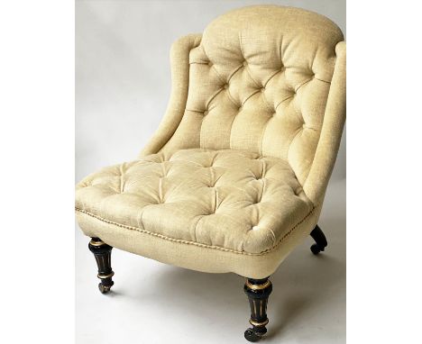 SLIPPER CHAIR, Victorian, yellow velvet upholstered, button back, with fluted ebonised and gilded front supports, stamped '18