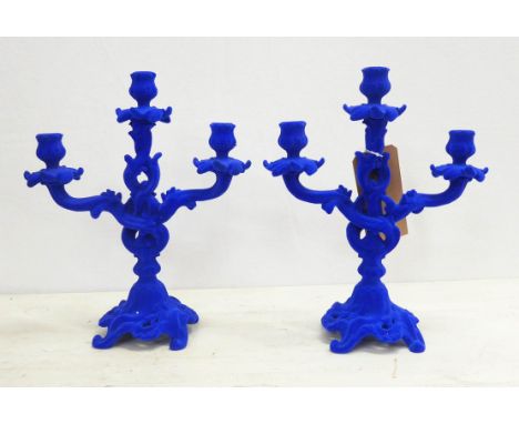 FLOCKED CANDELABRA, a pair, Rococo revival style, 36cm H. (2) 