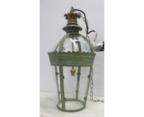 PURE WHITE LINES BYRON CEILING LANTERN, verdigris finish, 61cm drop approx. (crack to glass) 