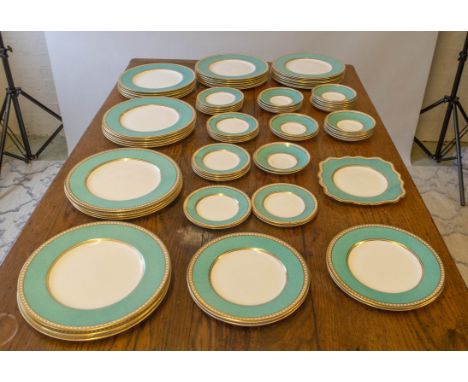 WEDGWOOD PART SERVICE, Ulander pattern, powder turquoise bone china including thirty one dinner plates, nineteen side plates,