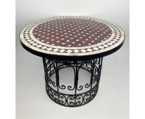 MOROCCAN LOW TABLE, vintage mosaic tiled circular top on a scrolled metal base, 42cm H x 61cm x 61cm. 