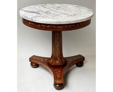 LAMP/CENTRE TABLE, vintage Dutch style mahogany and satinwood foliate inlaid, circular brèche violette marble top and triform