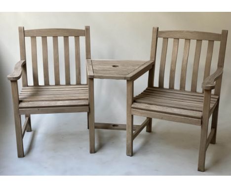 GARDEN BENCH/ARMCHAIRS, weathered teak with two armchairs and conjoined centre table, 157cm W. 