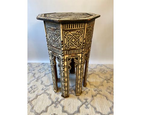 DAMASCUS LAMP TABLE, late 19th/early 20th century mother of pearl and bone inlay, 81cm H x 50cm x 50cm. (with faults, for com