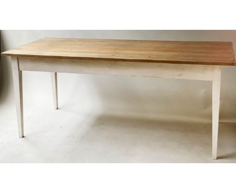 FARMHOUSE TABLE, vintage early 20th century pine with scrubbed limed and cleated top and grey painted base, 183cm x 76cm H x 