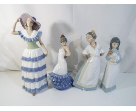 Nao - four Nao figurines to include Flamenco Dancer, Girl Holding Puppy, largest model approximately 32 cm [h], [4] Est £20 -