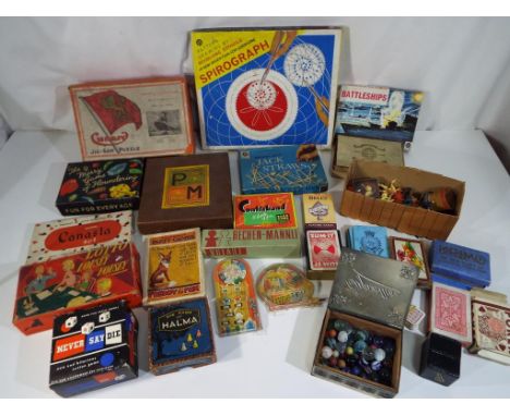 A large quantity of vintage toys and games, including boxed Cunard wooden jigsaw puzzle, marbles, board games to include KM, 