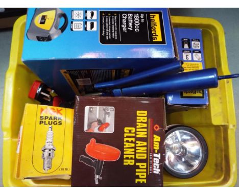 A loot to include a quantity of tools, comprising battery charger, digital tyre inflator, drain and pipe cleaner, torch and s