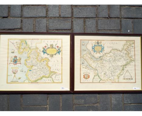 Two framed maps, the first depicting Saxton's Map of Cheshire 1577, the other is Saxton's Map of Lancashire 1577, image size 