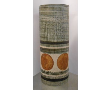 A vintage Troika cylinder vase decorated with a hand painted roundel frieze in typical colours with hand painted mark and dec