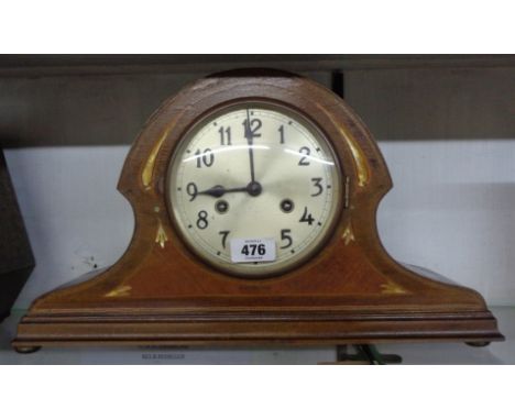 An early 20th Century inlaid walnut cased mantle clock with eight day gong striking movement
