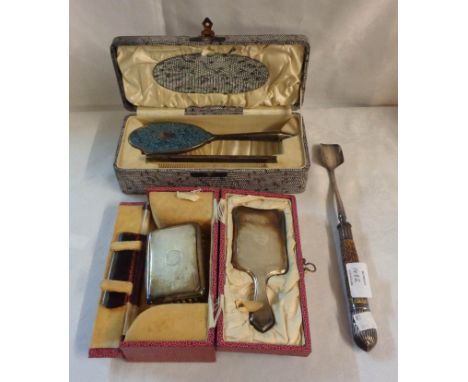 A cased vintage silver mounted small hand mirror, brush and comb set with engine turned decoration - sold with a vintage case