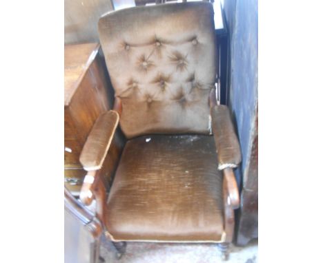 A 19th Century mahogany part show frame drawing room open armchair with later chocolate coloured button back velour upholster