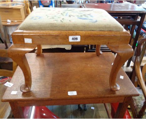 An old stained wood foot stool with tapestry drop-in panel - sold with a small stained oak table