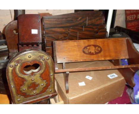 An early 20th Century inlaid book trough with brass label to base made by Disabled Soldiers and Sailors 122 Brompton Rd SW, a