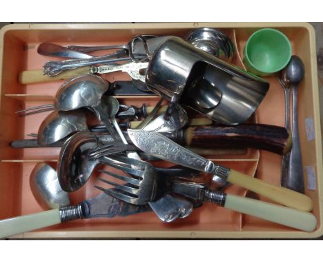 A tray containing a quantity of assorted silver plated and other cutlery