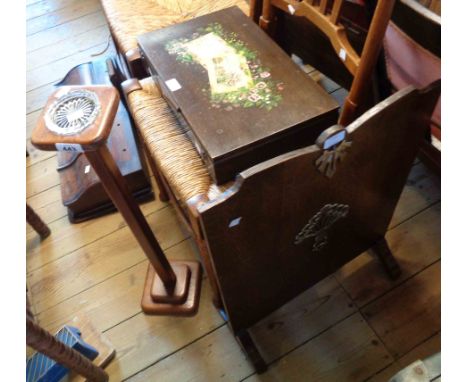 A vintage oak ashtray standard - sold with a decorative box and a fire screen