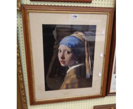 †Vermeer: a framed vintage coloured print entitled 'The Girl With The Pearl Ear-ring'