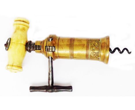 A Victorian bronze London rack corkscrew with 'Patent' plaque