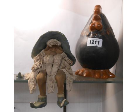 A studio pottery shelf edge figure of a gnome with glazed hat and shoes (one shoe a/f) - sold with a studio pottery model of 