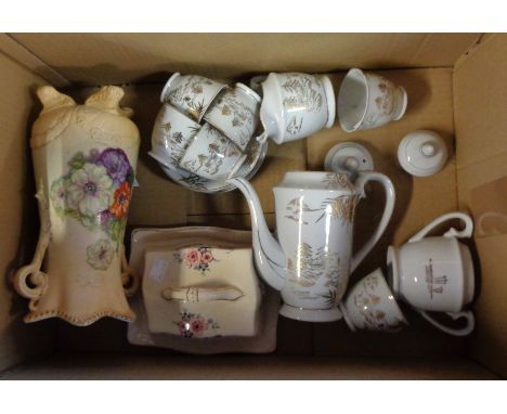 A box containing a small quantity of ceramic items comprising Taiwanese porcelain tea set with geisha head lithophane, Austri