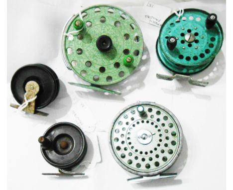 A box containing a quantity of fishing reels including five assorted unnamed fly fishing reels of varying size and design, al