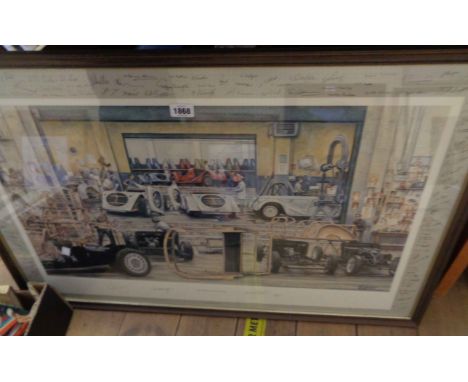 Morgan Sports Cars: a framed signed limited coloured print, depicting the interior of the factory workshop in 1990 - extensiv