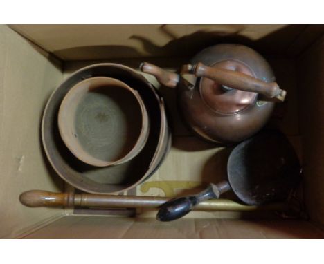 A quantity of metalware comprising early copper electric kettle, coal shovel, brass garden spray, two Benchwood garden sieves