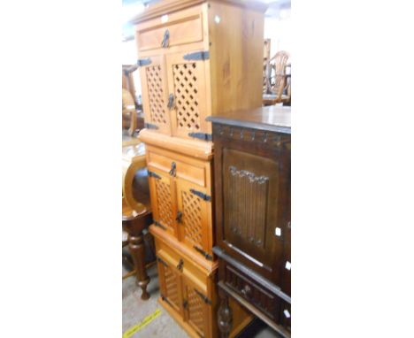Three matching 58cm Swiss (Basel) stained mixed wood kitchen cabinets, each enclosed by a pair of lattice panel doors