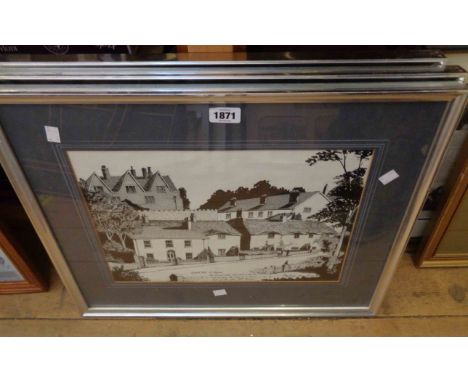 K. Hall: three matching metal framed monochrome prints, all depicting named places in Wales, with text and 1981 copyright