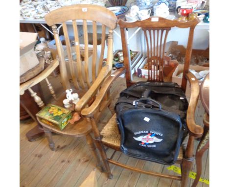 An old high lathe back elbow chair with solid elm seat, set on turned supports - sold with a mahogany framed elbow chair with