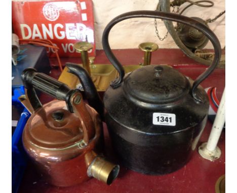 A Victorian cast iron kettle marked to base for J &amp; J Siddons, West Bromwich, 1 quarts, No.4 - sold with an old copper el