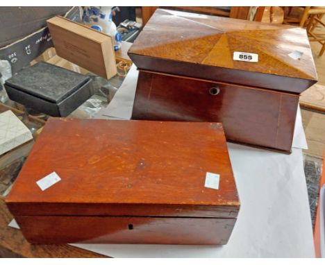 A 19th Century mahogany and strung sarcophagus form tea caddy with burr oak veneered lid (interior missing) - sold with an oa