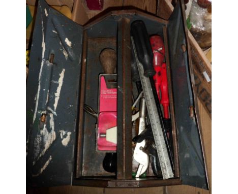 An old metal toolbox containing tools - sold with a box containing tools, grinding wheel and a quantity of assorted fixings, 
