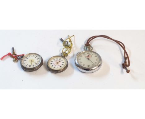 Two early 20th Century .935 white metal cased fob watches with decoration dials and back-wind lever movements - sold with a c