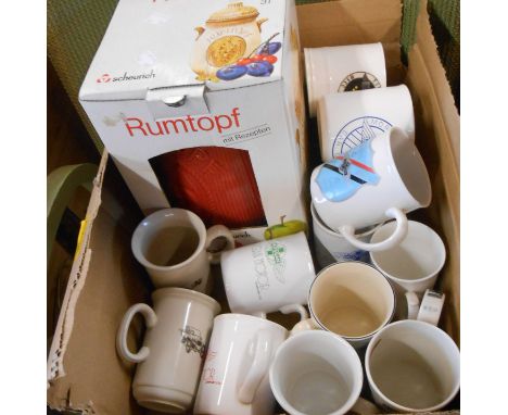 A box containing a quantity of Morgan car related ceramic mugs - sold with a boxed Rumtopf
