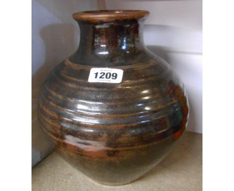 A large David Leach studio pottery vase of baluster form with short neck covered in a brown tenmoku glaze - DL seal mark to b