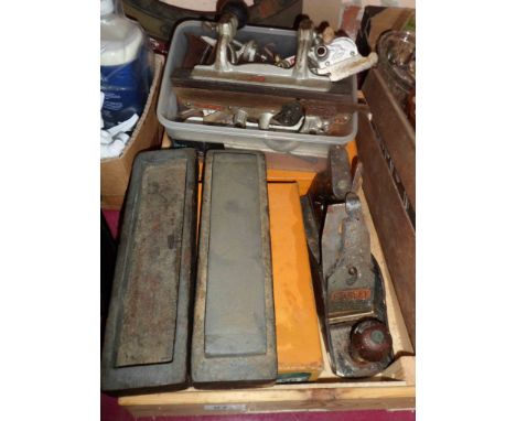 A wooden crate containing a quantity of vintage tools comprising Stanley No. 50 combination plane in original box, Stanley No