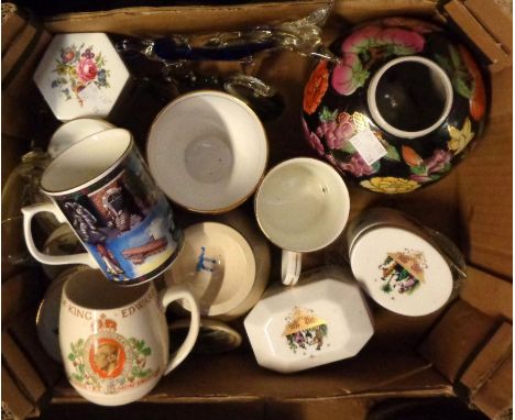 A box containing a quantity of ceramic items including Royal Worcester pin dishes and trinket boxes, glass animals, etc.