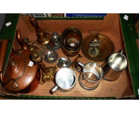 A box containing a quantity of assorted metalware including Victorian copper kettle, cast brass candlestick form table lamp, 